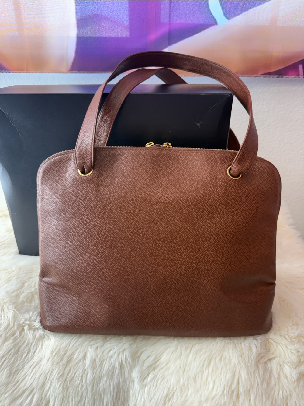 😍Fall🍁 Chanel Caviar Stitched CC Double Zip Caramel Brown Timeless Tote - Picture 5 of 14